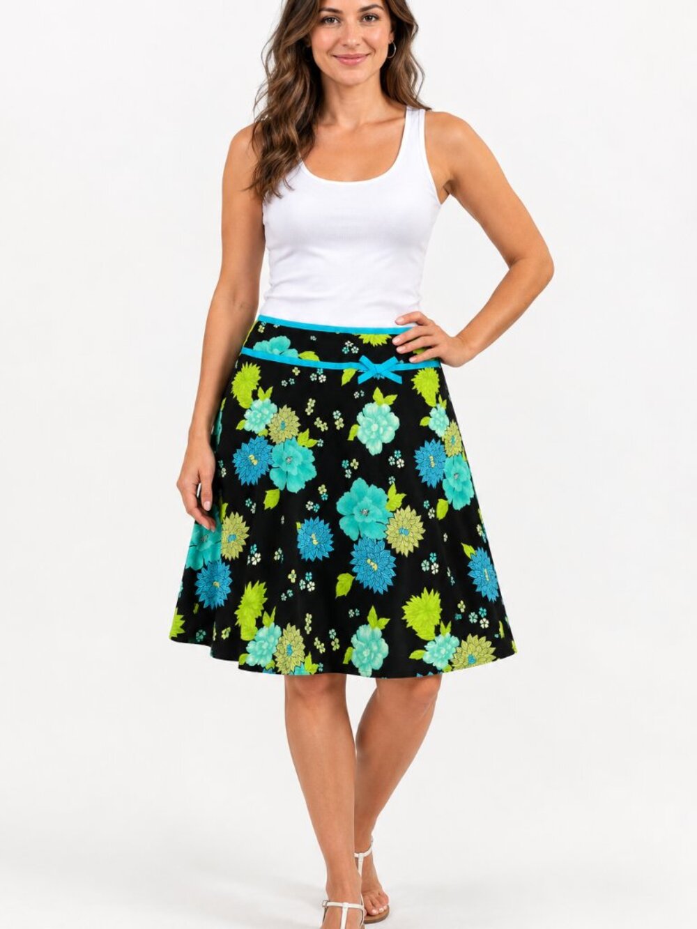 George Bow Skirt Midi Size 12 Black Floral A-Line Knee Length Blue Green Cotton